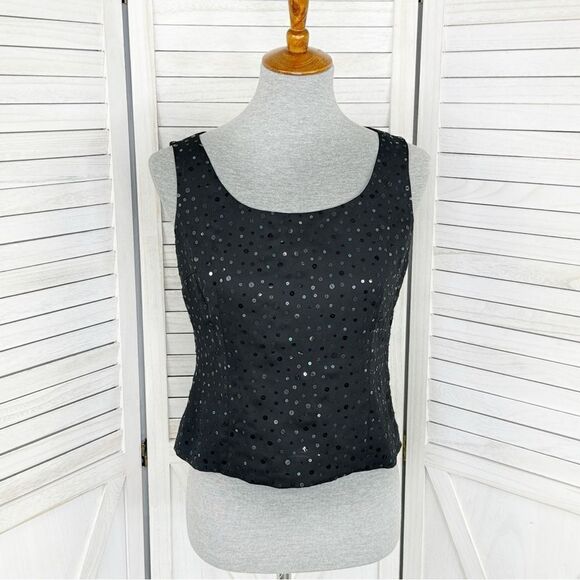 Kasper Tops - Kasper Petites Sequin Front Camisole Tank Top‎ Black Size 2P Party Evening
